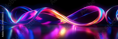 3d render. Abstract background of neon ribbon. Fluorescent ines glowing in the dark room with floor reflection. Fantastic panoramic wallpaper. Digital data transfer. Energy concept