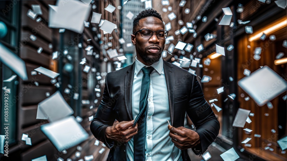 Confident Businessman Walking Through Alley with Flying Papers Confident Businessman Walking Through Alley with Flying Papers