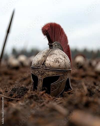 A worn spartan helmet rests in earthy soil, surrounded by a battlefield, evoking a sense of history and valor.