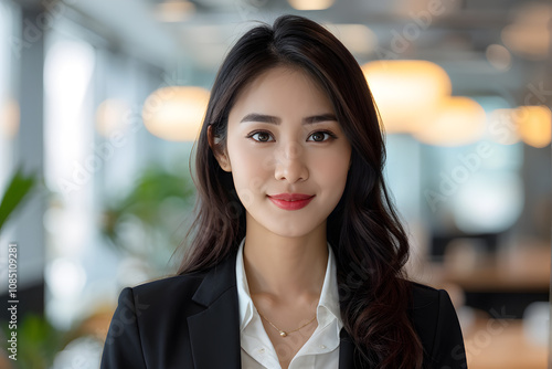 A woman in a business suit and white shirt stands in front of a window