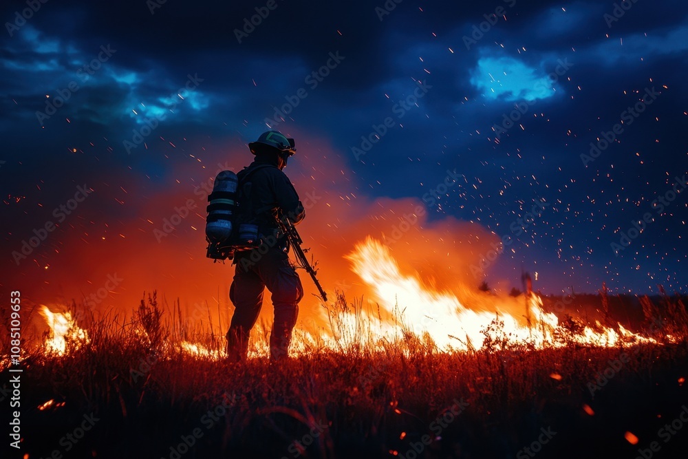 Fototapeta premium Brave firefighter silhouette battling a raging wildfire at sunset, showcasing courage and determination.