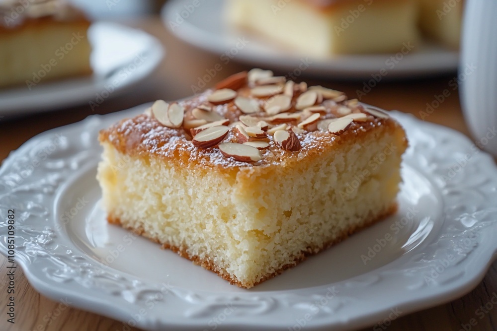 Delicious Almond Cake Slice on Decorative Plate Delicious Almond Cake Slice on Decorative Plate