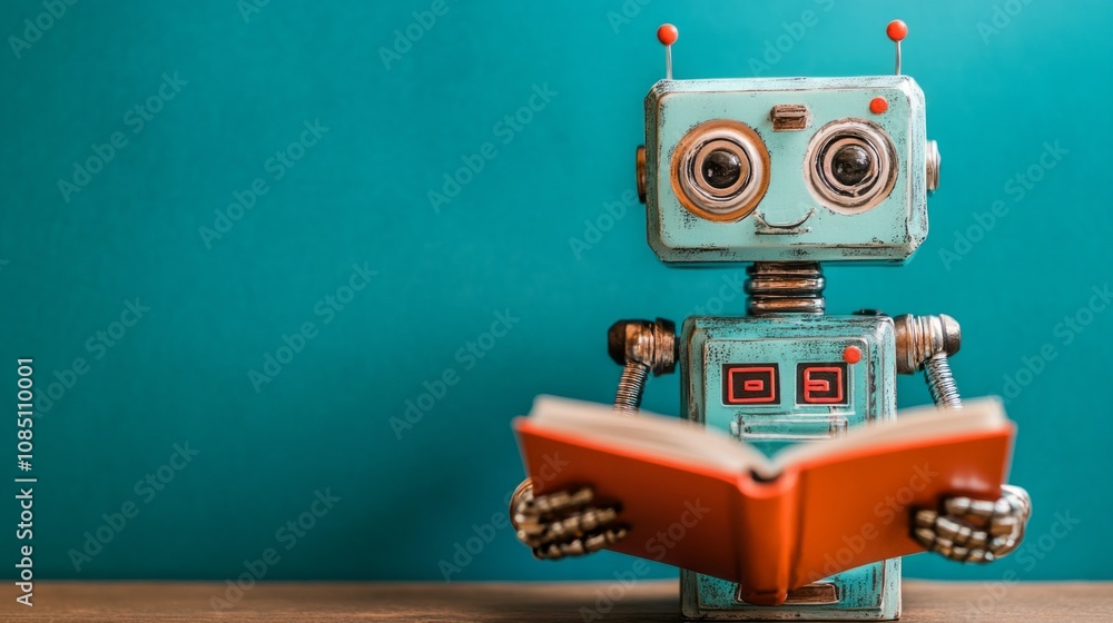 Fototapeta premium A robot is reading a book on a table