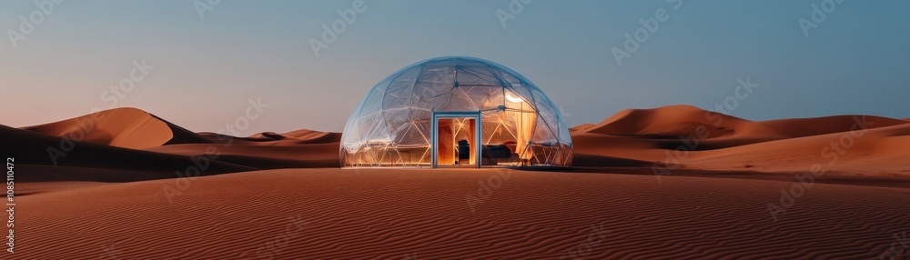 Geodesic transparent shelter harmoniously nestled in the serene desert landscape under a clear blue sky. Geodesic transparent shelter harmoniously nestled in the serene desert landscape under a clear blue sky.