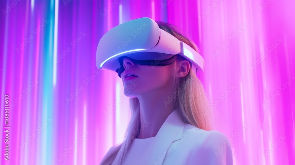 Woman Experiencing Virtual Reality in a Futuristic Setting Woman Experiencing Virtual Reality in a Futuristic Setting