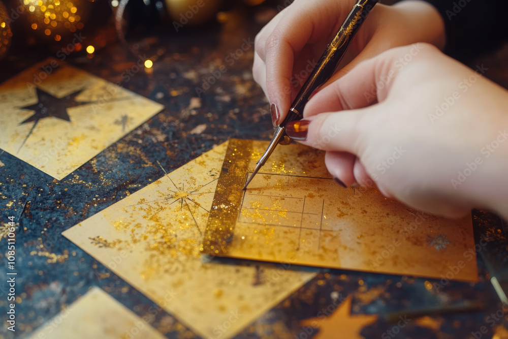 Creating festive New Year card with gold glitter and stars, showcasing close up of hands crafting personalized design Creating festive New Year card with gold glitter and stars, showcasing close up of hands crafting personalized design