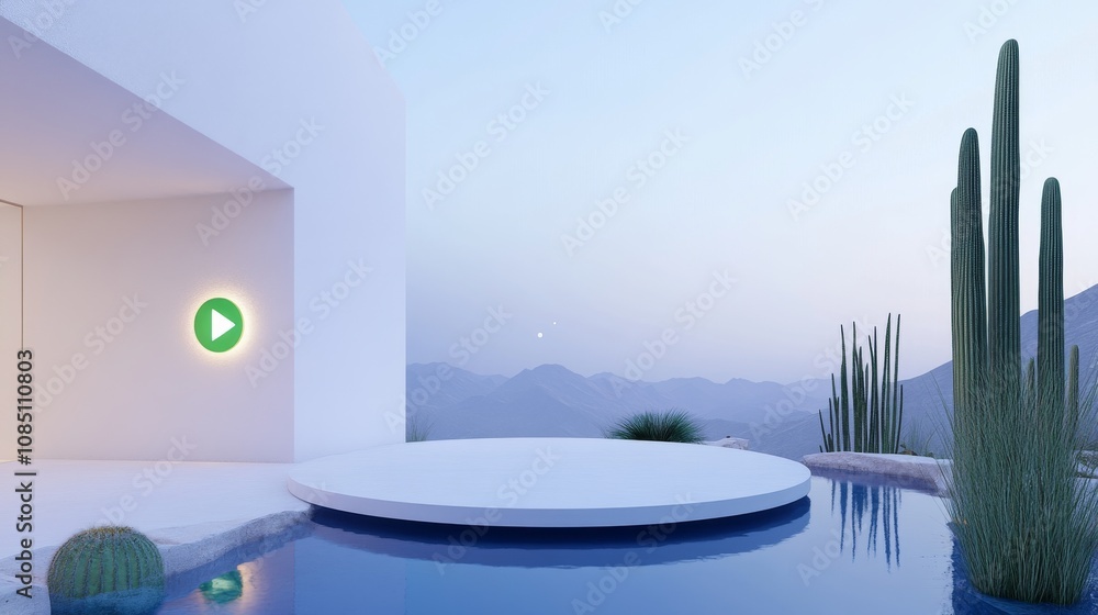 Fototapeta premium 2408_008 Serene nature stage surrounded by desert landscape, A tranquil circular platform nestled amidst towering cacti, set against a starry night sky backdrop, inviting exploration and connection