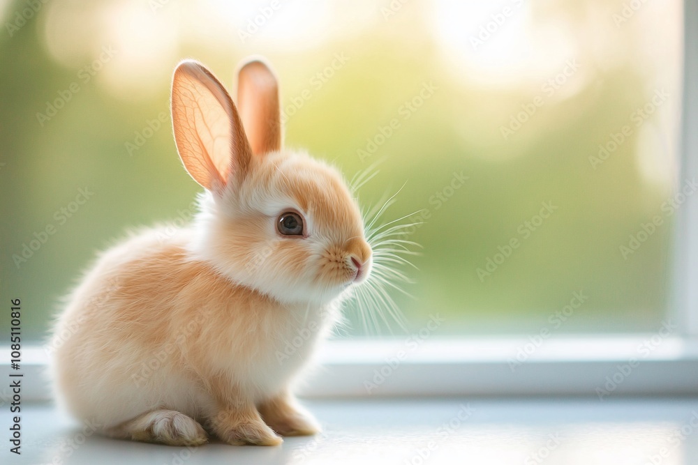 Fototapeta premium Adorable Baby Rabbit Sitting by the Window with Soft Light
