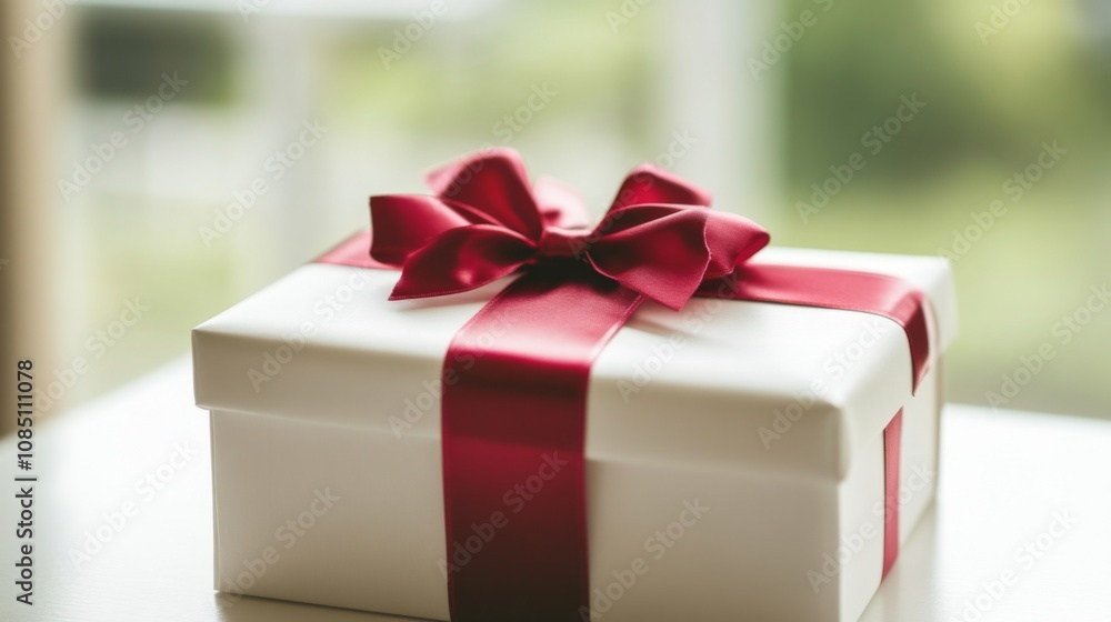 Close-up of a White Gift Box with Red Ribbon and Bow Close-up of a White Gift Box with Red Ribbon and Bow