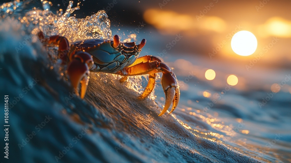 Cancer symbolized by a crab, emerging from a gentle sea wave, with a crescent moon glowing in the distant horizon