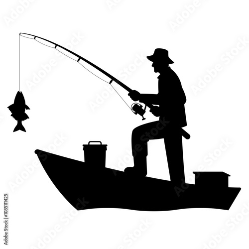 Silhouette graphic of a man fishing on a boat.