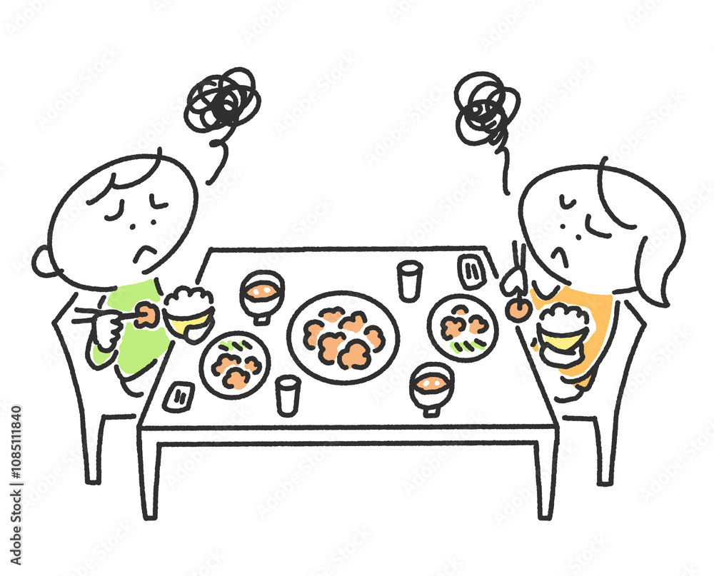 美味しくないご飯にモヤモヤする男女 美味しくないご飯にモヤモヤする男女