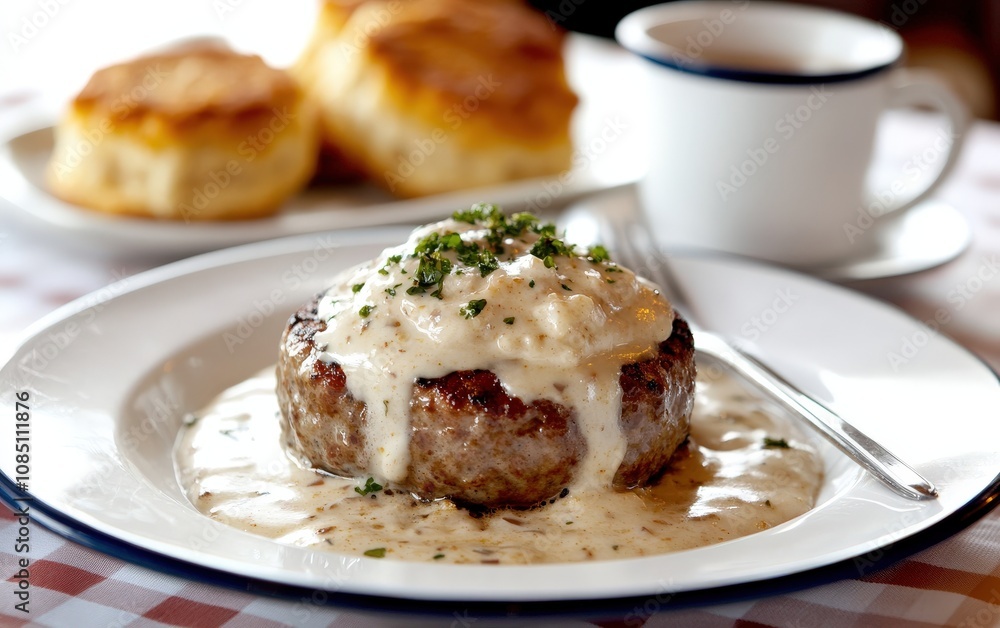 Juicy steak smothered in creamy mushroom gravy, served with fluffy biscuits; a delicious and comforting meal.