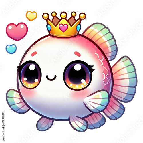 Cute cartoon fish wearing a crown with colorful hearts floating. Valentine's day theme photo