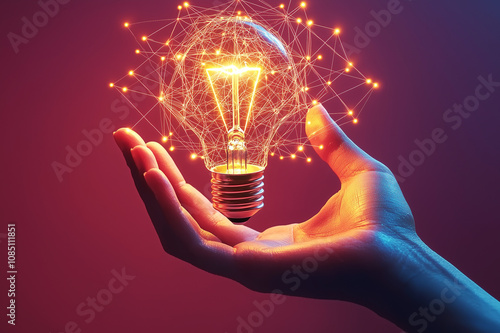 Hand holding light bulbs, network lines around. Concept of new ideas, innovation, creativity and digital transformation. Future technologies. Motivation and inspiration. Copy space.