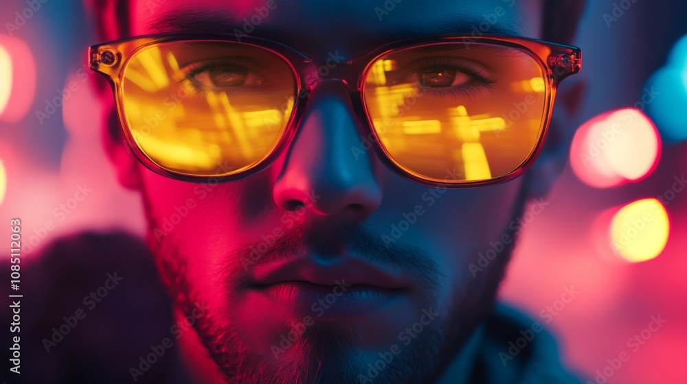 Close Up Portrait of a Man in Neon Lights Wearing Sunglasses Close Up Portrait of a Man in Neon Lights Wearing Sunglasses