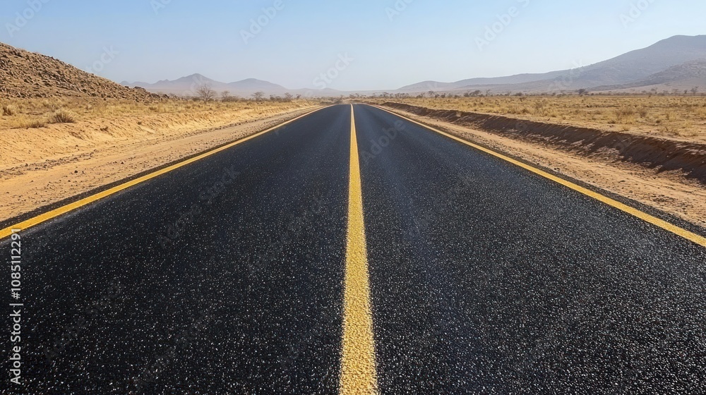 Fototapeta premium Driving on a new modern asphalt road in Damaraland, road perspective in the desert, Namibia, Africa.