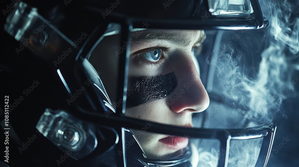 Close-up of an intense football player in a helmet surrounded by mist, focused and ready for action. Close-up of an intense football player in a helmet surrounded by mist, focused and ready for action.