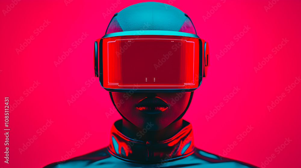 Naklejka premium Futuristic virtual reality experience neon studio digital art cyberpunk environment close-up view tech innovation