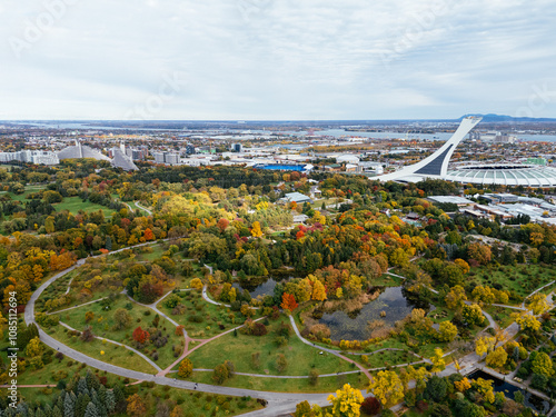 Aerial view of Olympic stadium and Botanic garden. Montreal, Quebec, Canada photo