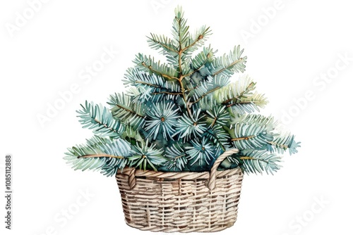 A cartoon crafted basket filled with fresh evergreen branches for holiday decorations and festive cheer isolated on white background. New Year and Merry Christmas theme