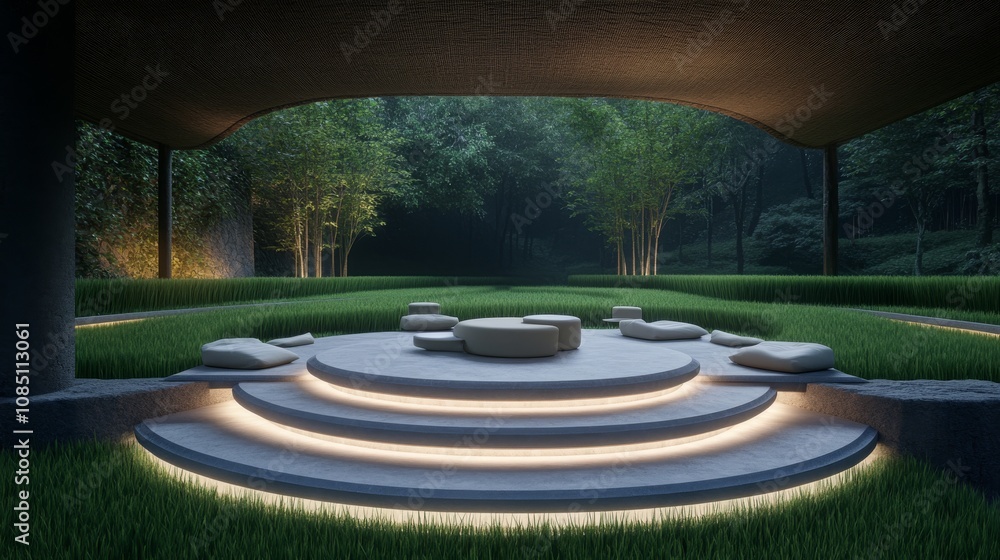 Obraz premium 2408_033 Serene nature stage surrounded by rice terraces, A tranquil circular platform nestled amidst emerald steps, set against a asian countryside backdrop, inviting exploration and connection