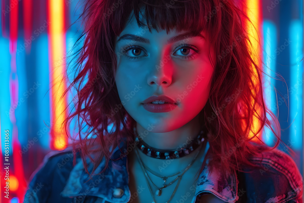 A woman with a black necklace and a red and blue jacket A woman with a black necklace and a red and blue jacket