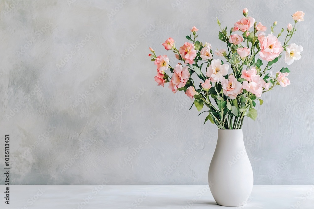 Delicate Pink Flowers in a White Vase Against a Soft Grey Background Delicate Pink Flowers in a White Vase Against a Soft Grey Background