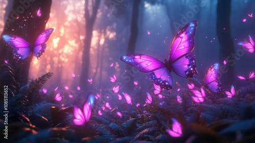 Glowing butterflies flutter in enchanted forest, casting magical light among trees and ferns. ethereal scene is filled with vibrant colors and sense of wonder