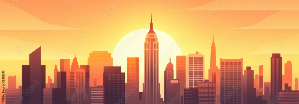 Obraz premium New york Travel Landscape. A vibrant sunset over a city skyline featuring iconic skyscrapers, with warm hues of orange and yellow illuminating the scene.