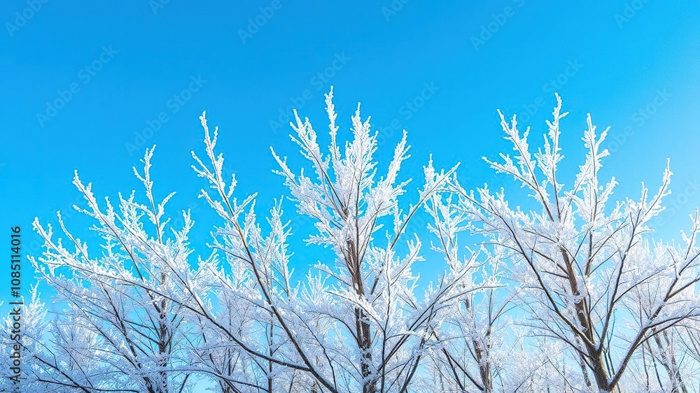 Frosty branches of bare trees stand out against a brilliant blue sky with no clouds in sight on a cold winter day, winter scenery, cold weather, tree branches Frosty branches of bare trees stand out against a brilliant blue sky with no clouds in sight on a cold winter day, winter scenery, cold weather, tree branches