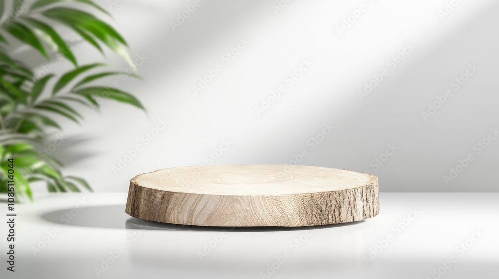 Wooden tree slice podium for product display presentation on a white background with shadows. Mockup of natural wood. Wooden tree slice podium for product display presentation on a white background with shadows. Mockup of natural wood.
