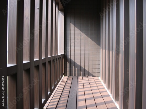 Narrow balcony with dark wooden planks creating a vertical stripe pattern, plank, outdoor space, urban