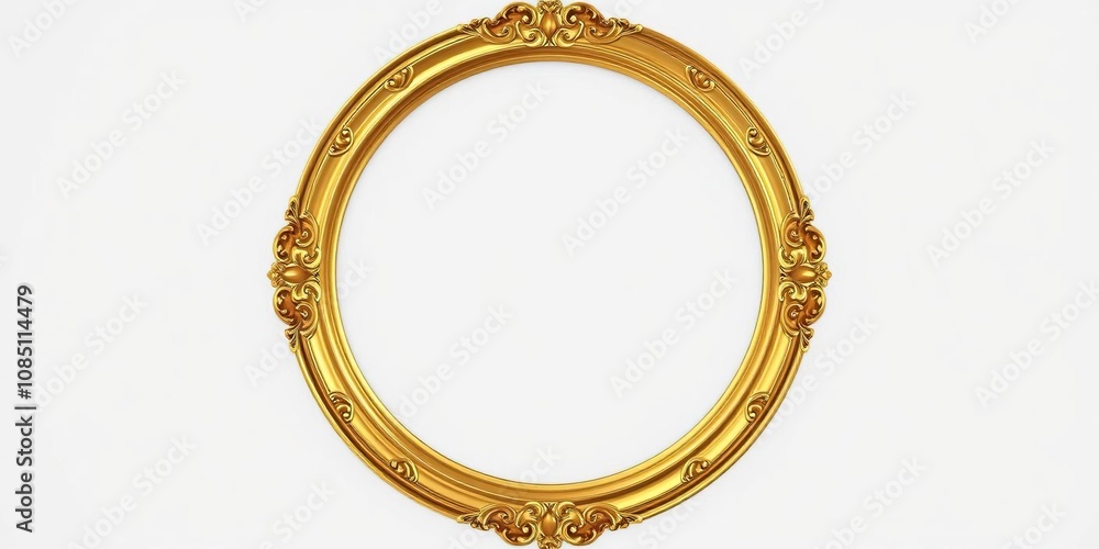 Round ornate gold frame with gilded details on a white background, high end, golden accents Round ornate gold frame with gilded details on a white background, high end, golden accents