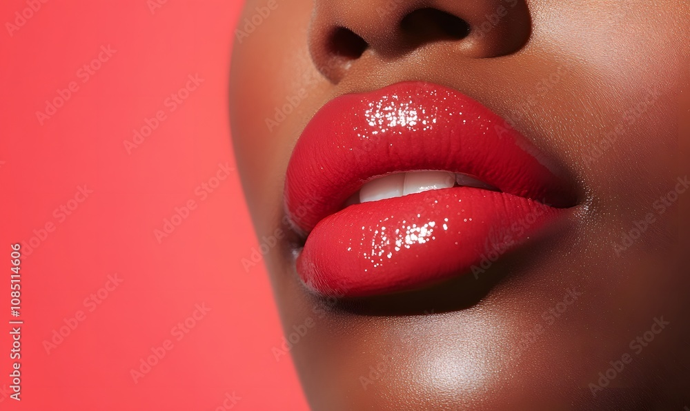 Obraz premium Close-up of glossy red lips in vibrant studio lighting, Generative AI 