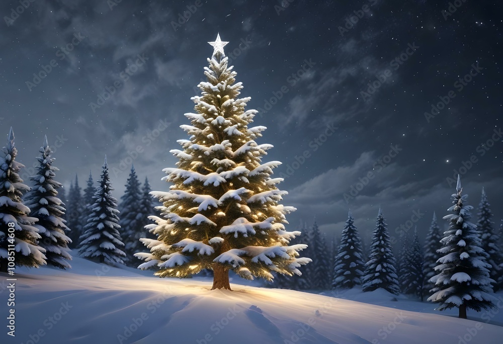 Obraz premium Luxury snowy Christmas tree scene under starry night sky, surrounded by snow-covered trees