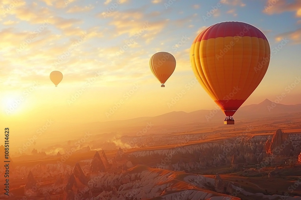 Obraz premium Breathtaking Sunrise Over Hot Air Balloons in the Serene Sky