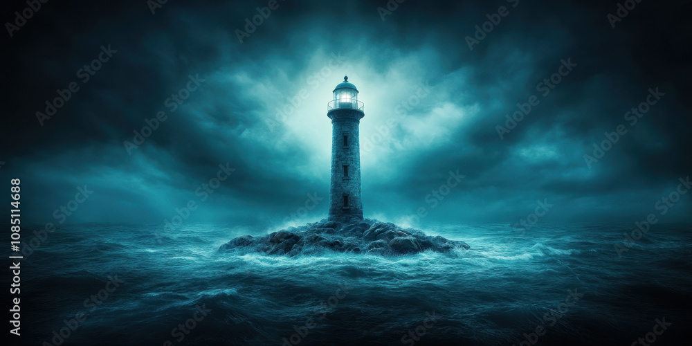 Dark Lighthouse Amidst Rocks in Eerie Atmosphere Dark Lighthouse Amidst Rocks in Eerie Atmosphere