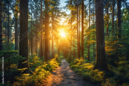 Serene Morning Sunlight Filtering Through Lush Forest Pathway for Nature Inspiration