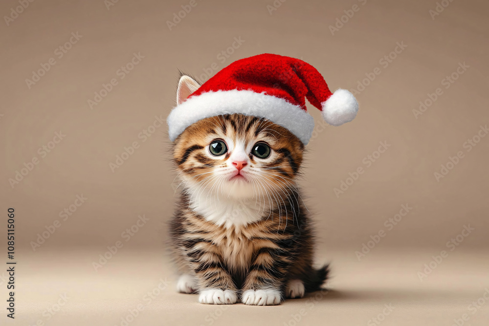 Adorable fluffy kitten in a red Santa hat, perfect for festive greeting cards, Christmas marketing, or holiday-themed designs with ample space for text. Adorable fluffy kitten in a red Santa hat, perfect for festive greeting cards, Christmas marketing, or holiday-themed designs with ample space for text.