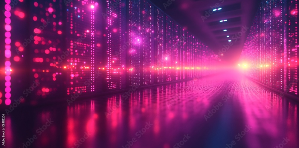 A futuristic neon-lit data center server room, with glowing pink and purple lights reflecting on sleek floors A futuristic neon-lit data center server room, with glowing pink and purple lights reflecting on sleek floors
