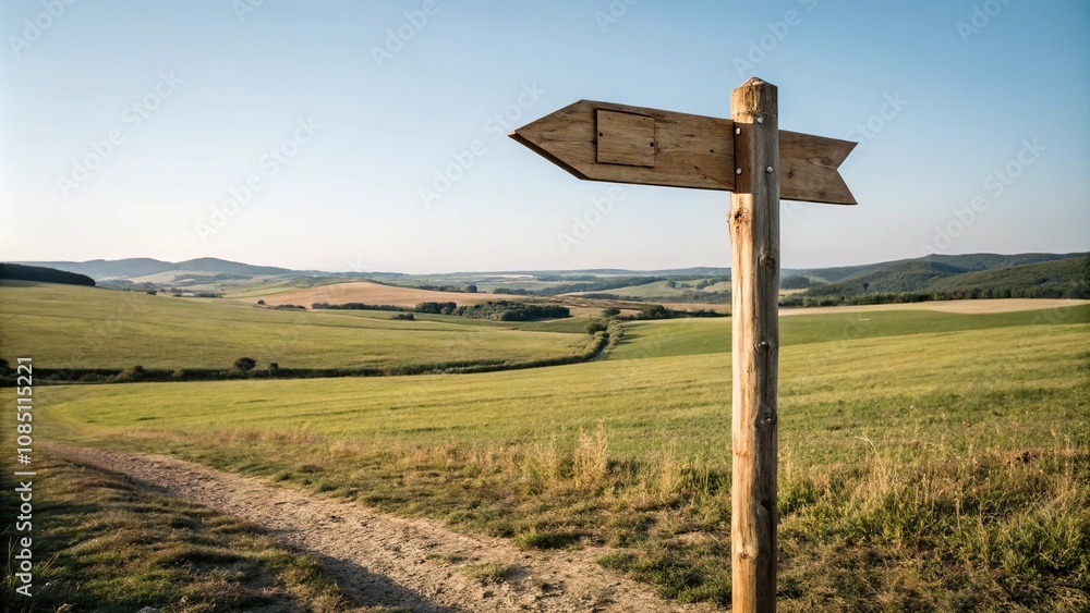 Wooden arrow sign post standing in a field, entrance, path, countryside, field, trail Wooden arrow sign post standing in a field, entrance, path, countryside, field, trail