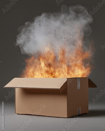 A cardboard box emitting flames and smoke, suggesting a fire hazard or explosive situation. photo