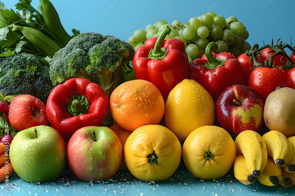 Fresh Variety of Colorful Fruits and Vegetables on Blue Background Fresh Variety of Colorful Fruits and Vegetables on Blue Background