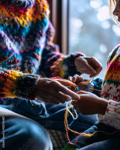 A non-binary elder shares knitting skills with a young person, highlighting vibrant yarns and handmade sweaters in a soft, natural light. A genuine moment of learning and connection unfolds