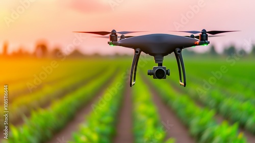 Drone Flying Over Agricultural Field at Sunset Aerial Photography Rural Landscape Nature's Bounty Vibrant Environment Bird's Eye View Drones in Agriculture photo