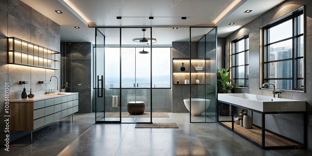 Fototapeta premium Minimalist Steel and Glass Bathroom Interior Design Mockup - Modern Elegance, Sleek Lines, Functional Space, Stylish Fixtures, Contemporary Aesthetics, Luxury, Zen Atmosphere, Clean Design
