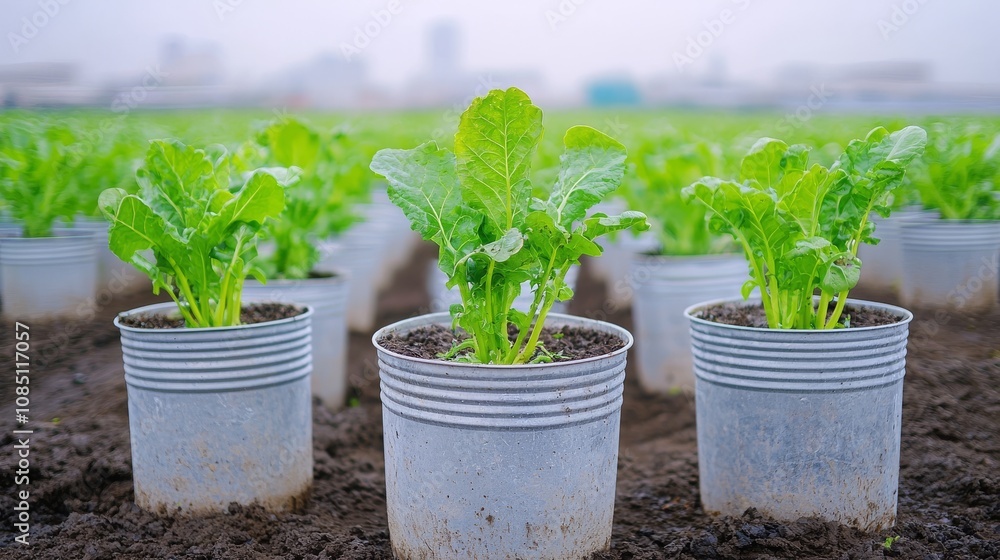 Growing Fresh Vegetables in Pots Urban Garden Photography Outdoor Close-up Sustainable Living Growing Fresh Vegetables in Pots Urban Garden Photography Outdoor Close-up Sustainable Living
