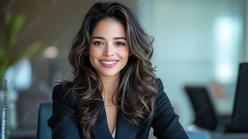 Fototapeta premium The businesswoman looked elegant and confident as she sat at her sleek, modern desk in the office, her radiant smile reflecting her satisfaction with the day's accomplishments.