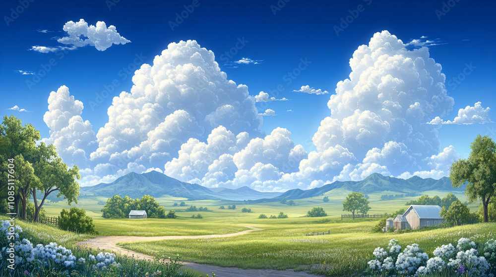 serene landscape showcasing rolling hills, vibrant green fields, and fluffy clouds under bright blue sky. peaceful rural scene evokes sense of tranquility and beauty serene landscape showcasing rolling hills, vibrant green fields, and fluffy clouds under bright blue sky. peaceful rural scene evokes sense of tranquility and beauty